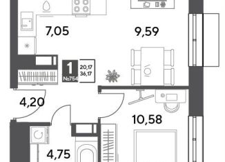 Продаю однокомнатную квартиру, 36.2 м2, Пушкино