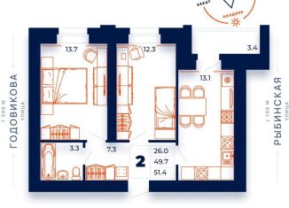 Продаю двухкомнатную квартиру, 51.4 м2, Вологодская область