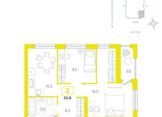 Продаю 2-комнатную квартиру, 52.8 м2, Тюмень, Центральный округ, улица Евгения Войнова, 3