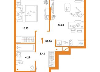 Продаю однокомнатную квартиру, 34.7 м2, Тюмень, Калининский округ, Интернациональная улица, 199к10