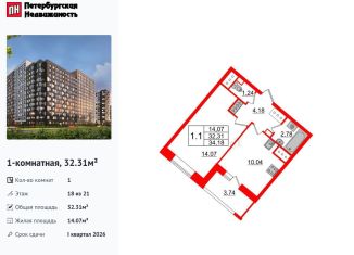 Продаю 1-комнатную квартиру, 32.3 м2, Санкт-Петербург, метро Улица Дыбенко