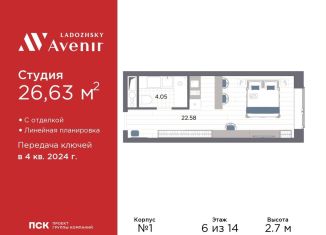 Продаю квартиру студию, 26.6 м2, Санкт-Петербург, Магнитогорская улица, 51литЗ, метро Новочеркасская