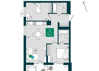 Продается 2-комнатная квартира, 74.2 м2, Тюмень, Калининский округ