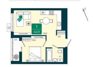 Продается однокомнатная квартира, 42.9 м2, Тюмень, Калининский округ