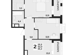 Продажа 2-комнатной квартиры, 55.3 м2, аул Новая Адыгея