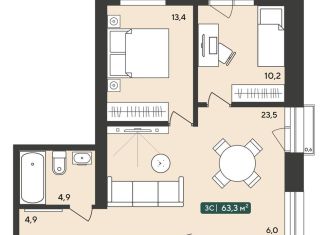 Продажа трехкомнатной квартиры, 63.3 м2, Новосибирская область