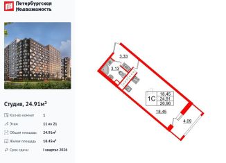 Продажа квартиры студии, 24.9 м2, Санкт-Петербург, метро Проспект Большевиков