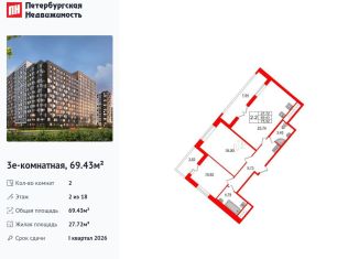 Продаю 2-комнатную квартиру, 69.4 м2, Санкт-Петербург, метро Проспект Большевиков