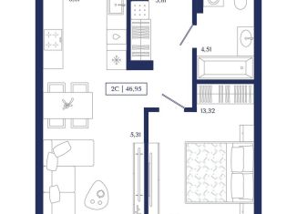 2-ком. квартира на продажу, 47 м2, Новосибирск, улица Семьи Шамшиных, 6/1