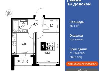 Продаю однокомнатную квартиру, 36.1 м2, деревня Сапроново, жилой комплекс 1-й Донской, 4