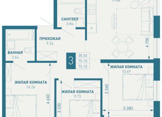 Продаю 3-комнатную квартиру, 75.1 м2, Краснодарский край