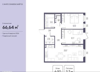 Двухкомнатная квартира на продажу, 66.6 м2, Санкт-Петербург, Малый Сампсониевский проспект, 2, Выборгский район