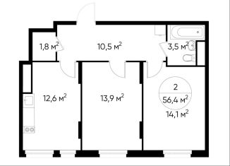 Продается двухкомнатная квартира, 56.4 м2, Москва, деревня Рассказовка, 1