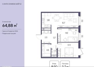 Продам 2-комнатную квартиру, 64.9 м2, Санкт-Петербург, Малый Сампсониевский проспект, 2