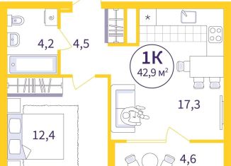 Продаю однокомнатную квартиру, 40.6 м2, Екатеринбург, метро Проспект Космонавтов