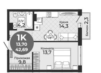 1-комнатная квартира на продажу, 42.7 м2, Новосибирск, Кировский район