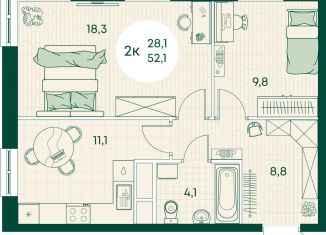 2-ком. квартира на продажу, 52.1 м2, Адыгея