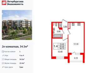 1-ком. квартира на продажу, 34.5 м2, посёлок Шушары, Колпинское шоссе, 127