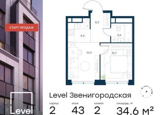 2-ком. квартира на продажу, 34.6 м2, Москва, метро Хорошёвская, жилой комплекс Левел Звенигородская, к2