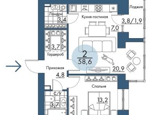 2-ком. квартира на продажу, 58.6 м2, Красноярский край