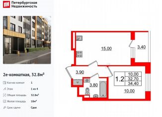 Продажа однокомнатной квартиры, 32.8 м2, посёлок Шушары, Колпинское шоссе, 127к2