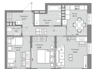 Продаю 3-комнатную квартиру, 70.9 м2, Казань, жилой комплекс Станция Спортивная, 2.2