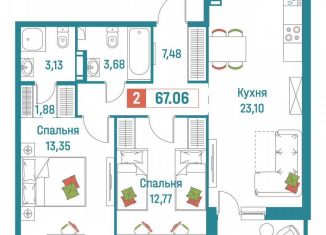 Продается 2-комнатная квартира, 67.1 м2, Мурино, ЖК Графика