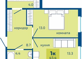 Продаю 1-комнатную квартиру, 43.4 м2, Пермь, Целинная улица, 59