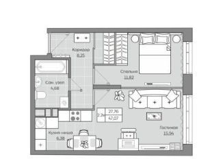 Продается 1-комнатная квартира, 47.1 м2, Казань, жилой комплекс Станция Спортивная, 2.2