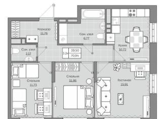 Продается 3-комнатная квартира, 70.9 м2, Казань, жилой комплекс Станция Спортивная, 2.2