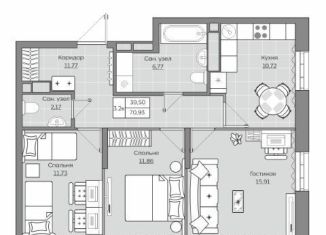 Продается 3-комнатная квартира, 70.9 м2, Казань, жилой комплекс Станция Спортивная, 2.2
