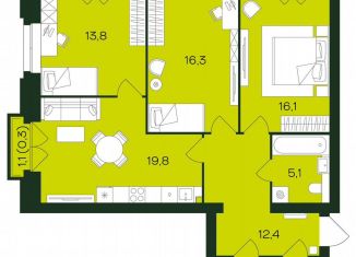 3-комнатная квартира на продажу, 90.3 м2, Чебоксары, Чебоксарский проспект, поз5.36