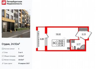 Квартира на продажу студия, 24.9 м2, посёлок Шушары