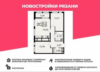 Продается двухкомнатная квартира, 66 м2, Рязань