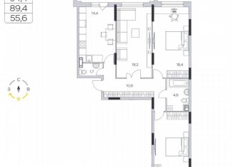 3-комнатная квартира на продажу, 89.4 м2, деревня Пирогово, ЖК Пироговская Ривьера, улица Ильинского, 8к2