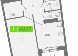 Продам 1-комнатную квартиру, 40.7 м2, Мурино