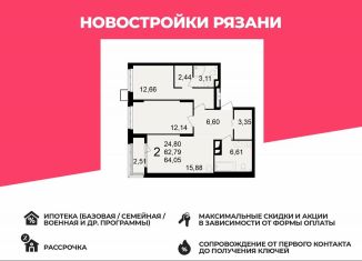 Продается двухкомнатная квартира, 64.1 м2, Рязань