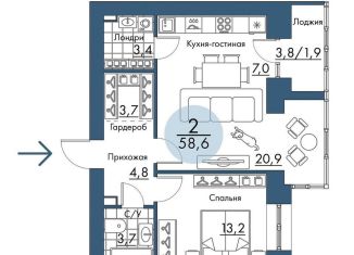 Продаю 2-ком. квартиру, 58.6 м2, Красноярский край