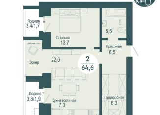 2-комнатная квартира на продажу, 64.6 м2, Красноярский край, улица Авиаторов, 18