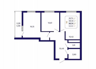 Продаю 2-комнатную квартиру, 60.7 м2, Республика Башкортостан