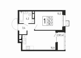 Продам 1-ком. квартиру, 38.1 м2, Химки, ЖК Берег
