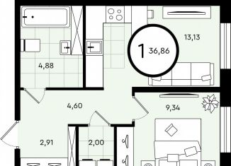 1-ком. квартира на продажу, 36.9 м2, Тюмень, ​улица Александра Звягина, 5