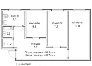3-комнатная квартира на продажу, 54.5 м2, Санкт-Петербург, улица Пилотов, 26к1, муниципальный округ Пулковский Меридиан