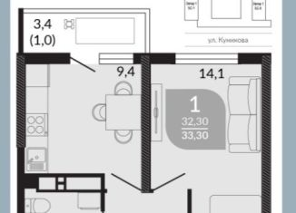 Продам 1-ком. квартиру, 33.3 м2, Новороссийск, ЖК Облака 2