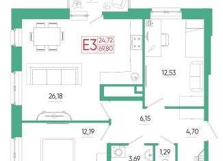 Продажа двухкомнатной квартиры, 69.9 м2, Тула, ЖК Смарт квартал на Сурикова
