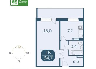 Продажа 1-комнатной квартиры, 34.5 м2, Новосибирск, Междуреченская улица, 5/1, ЖК Аквамарин