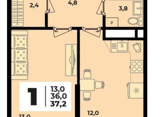 1-комнатная квартира на продажу, 37.2 м2, аул Новая Адыгея
