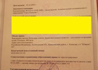 Продажа земельного участка, 6 сот., Камызяк, СНТ Южное, 427