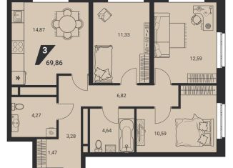 Продается трехкомнатная квартира, 69.9 м2, Екатеринбург, Шефская улица, 42, метро Проспект Космонавтов