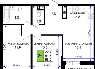 Продажа двухкомнатной квартиры, 56 м2, Краснодар, ЖК Дыхание, улица Лётчика Позднякова, 2к21